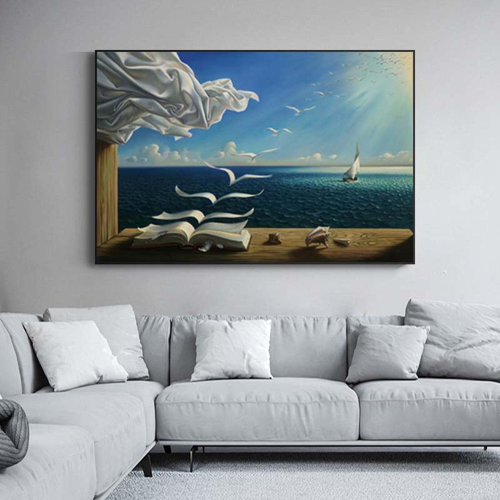 Salvador Dali The Waves Book Sailboat Canvas Wall Art Print - 70x110cm (27.6x43.3in) Framed Painting for Living Room, Bedroom & Office Decor - Modern Home & Office Wall Decor