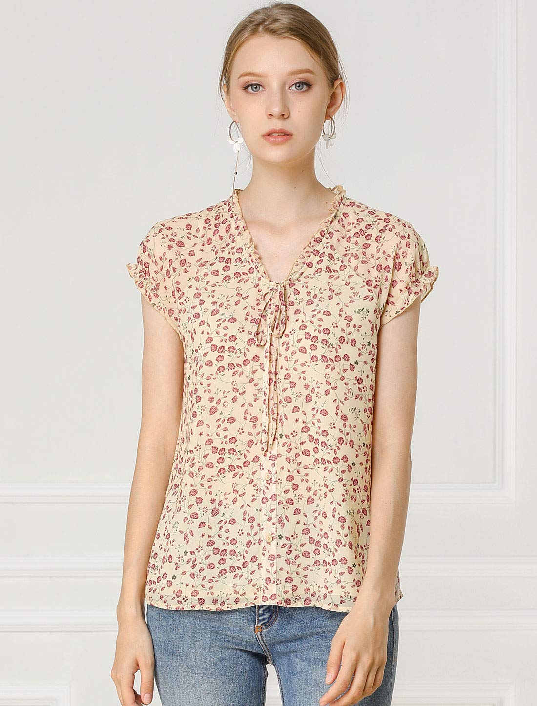 Allegra K Women's Floral Print V-Neck Short Sleeve Chiffon Blouse - Summer Casual Ruffle Top for Work, Date Night & Outdoor Events