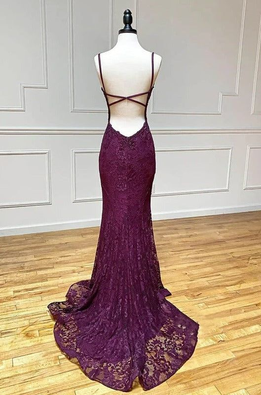 Elegant Mermaid Grape Lace Long Prom Dress with High Slit - Formal Evening Gown for Homecoming, Wedding, Party J6556 | Perfect for Special Occasions & Red Carpet Events