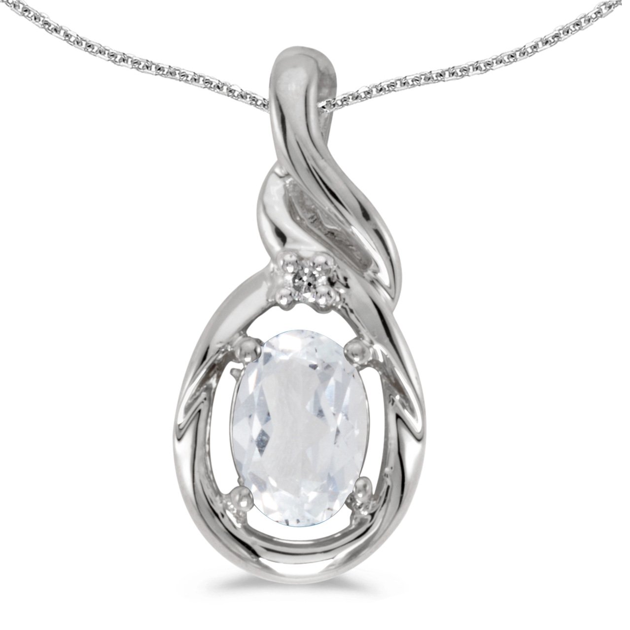 14K White Gold Oval White Topaz & Diamond Pendant Necklace with 18