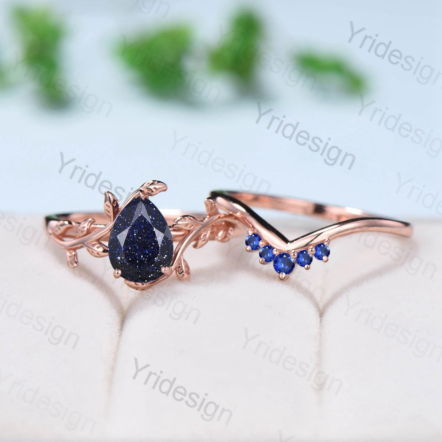Nature Inspired Pear Shaped Blue Sandstone Engagement Rings Set - Vintage Leaf Wedding Band & Promise Ring - Blue Goldstone Proposal Gifts for Her - Perfect for Anniversaries, Valentine's Day & Romantic Occasions