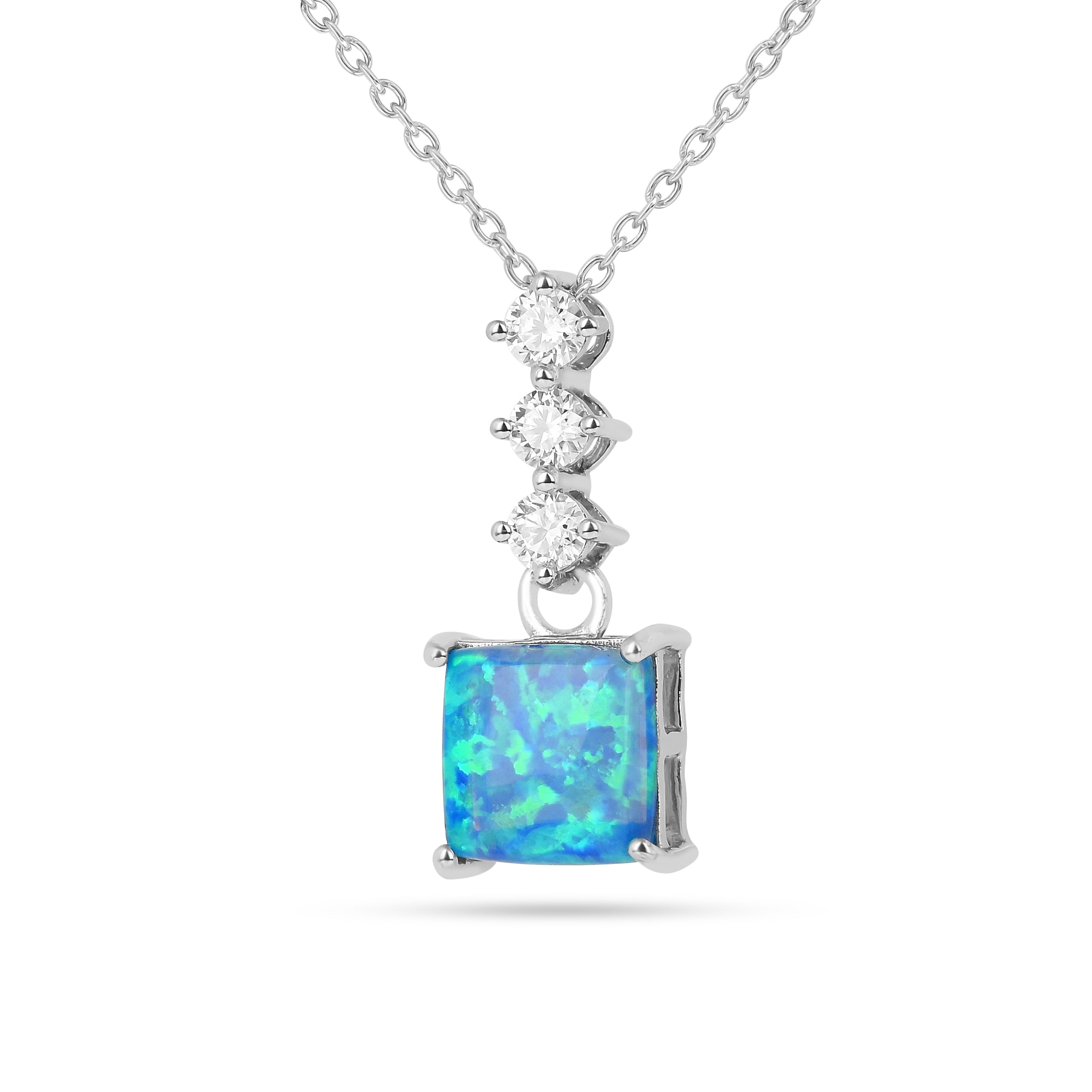 Lab Grown Princess Cut Blue Opal Pendant Necklace for Women - 925 Sterling Silver Jewelry Gift for Birthday, Anniversary & Valentine's Day | Elegant Layering Necklace for Daily Wear & Special Occasions