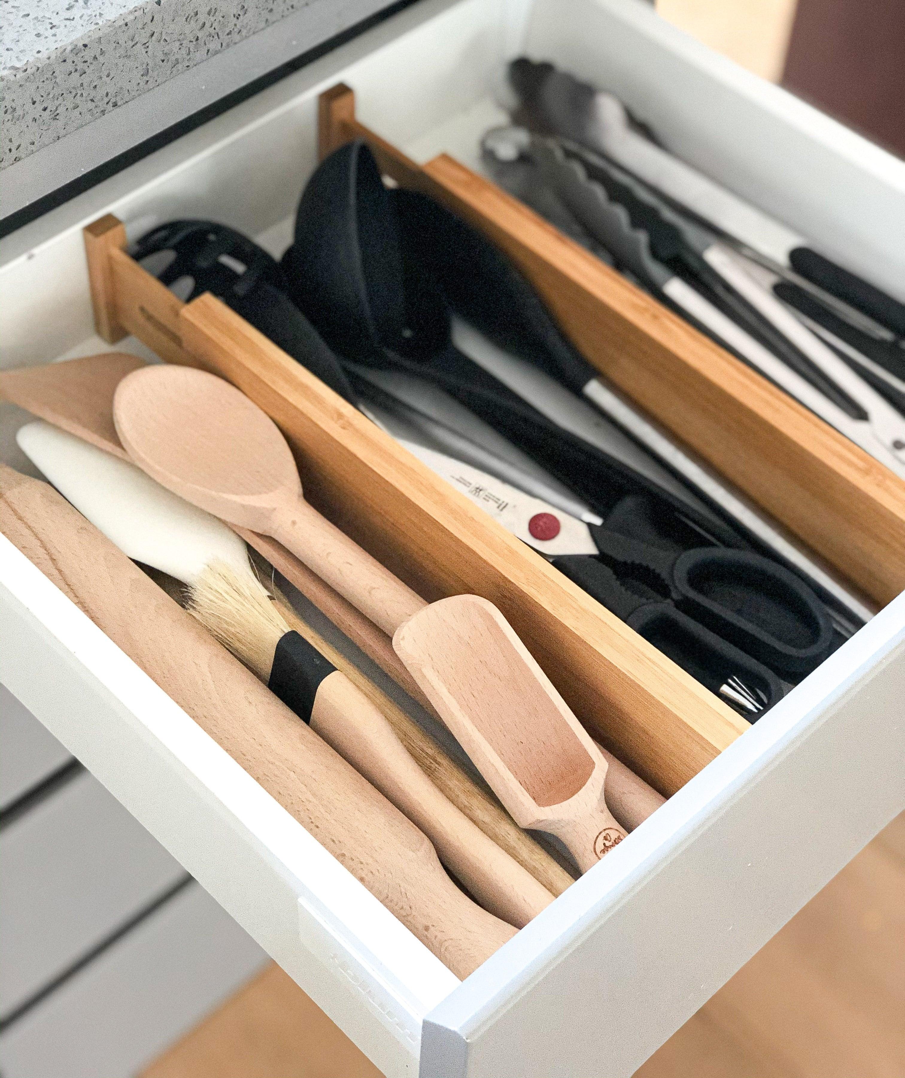 Bamboo Expandable Drawer Organizers - Set of 3 Drawer Dividers for Kitchen, Office & Bedroom Storage | Space Saving Closet & Cabinet Organizer