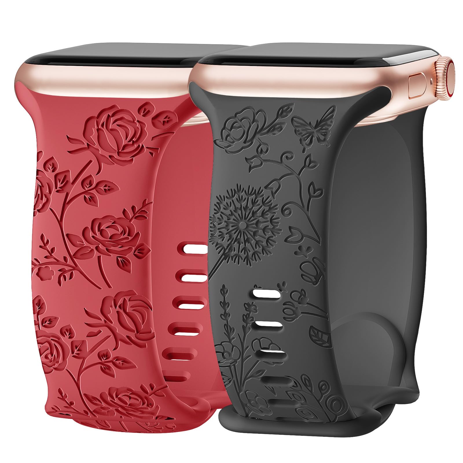 2 Pack Floral Engraved Silicone Bands for Apple Watch 38mm 40mm 41mm 42mm 44mm 45mm 49mm - Soft Sport Strap Compatible with iWatch Series SE/8/7/6/5/4/3 & Ultra - Cute Wildflowers Rose Design for Women - Perfect for Workouts, Running & Everyday Fashion