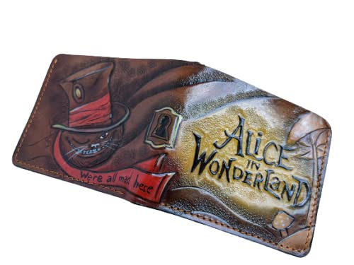 Alice in Wonderland Cheshire Cat RFID Bifold Wallet - Genuine Leather Men's Bifold Wallet with Whimsical Airbrush Art, Handmade Embossed Design - Perfect for Bikers, Gift Giving & Everyday Use
