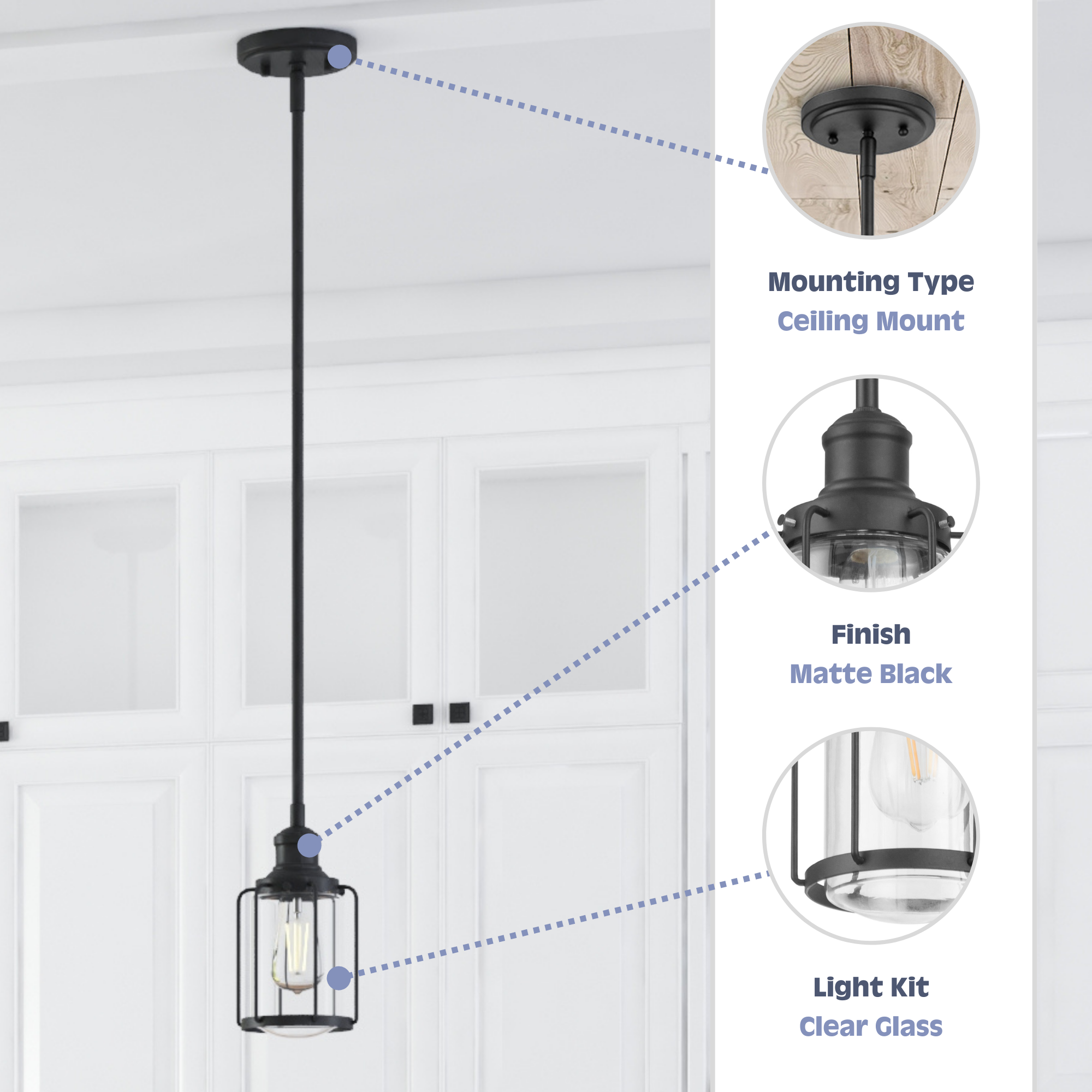Lincoln Woods Matte Black Single Pendant Light - Modern Ceiling Lighting for Dining Room, Kitchen Island & Bedroom