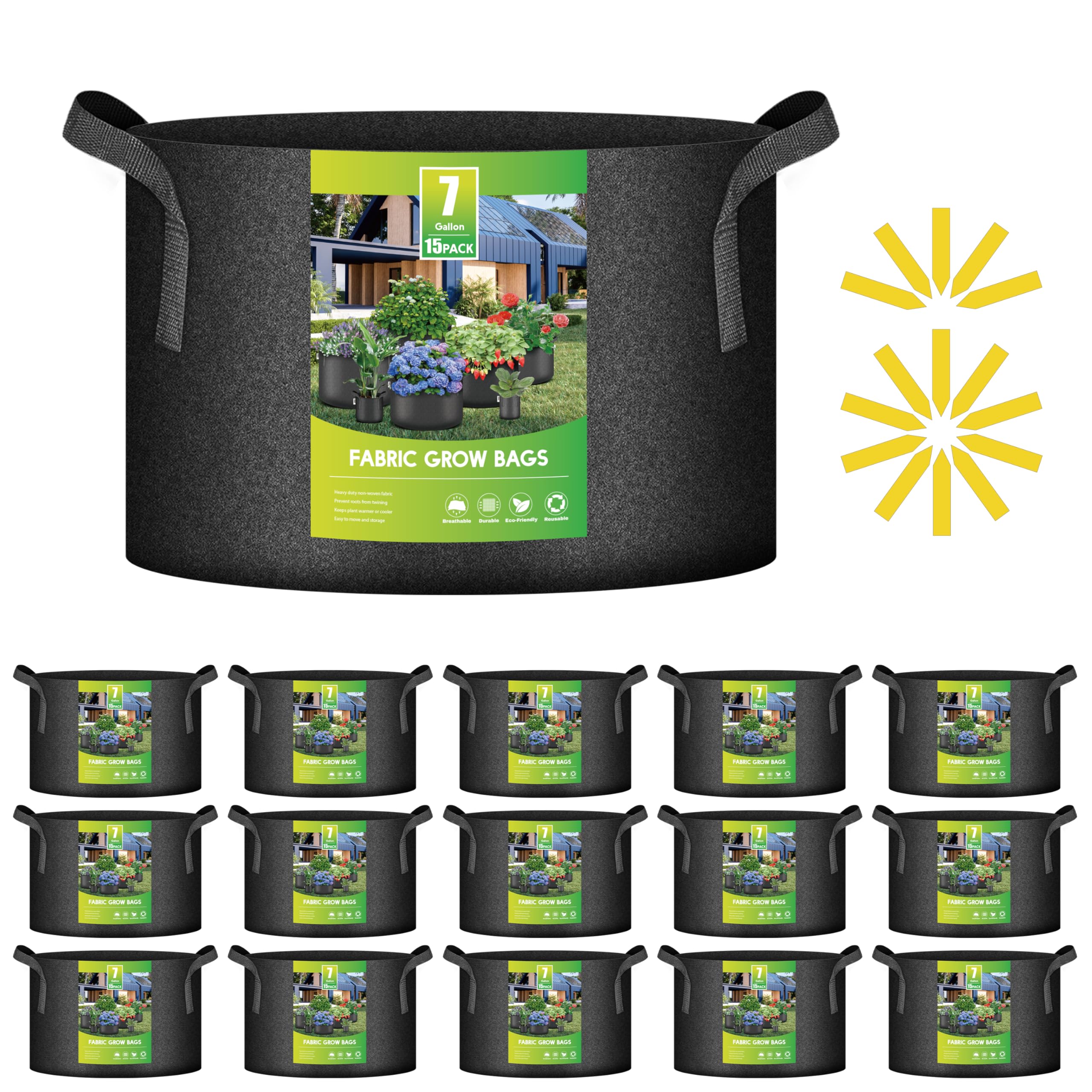 iPower 15-Pack 7 Gallon Thickened Grow Bags - Premium Nonwoven Fabric Pots with Reinforced Handles for Gardening, Planting Vegetables, Flowers & Herbs - Durable Aeration Containers for Indoor/Outdoor Use