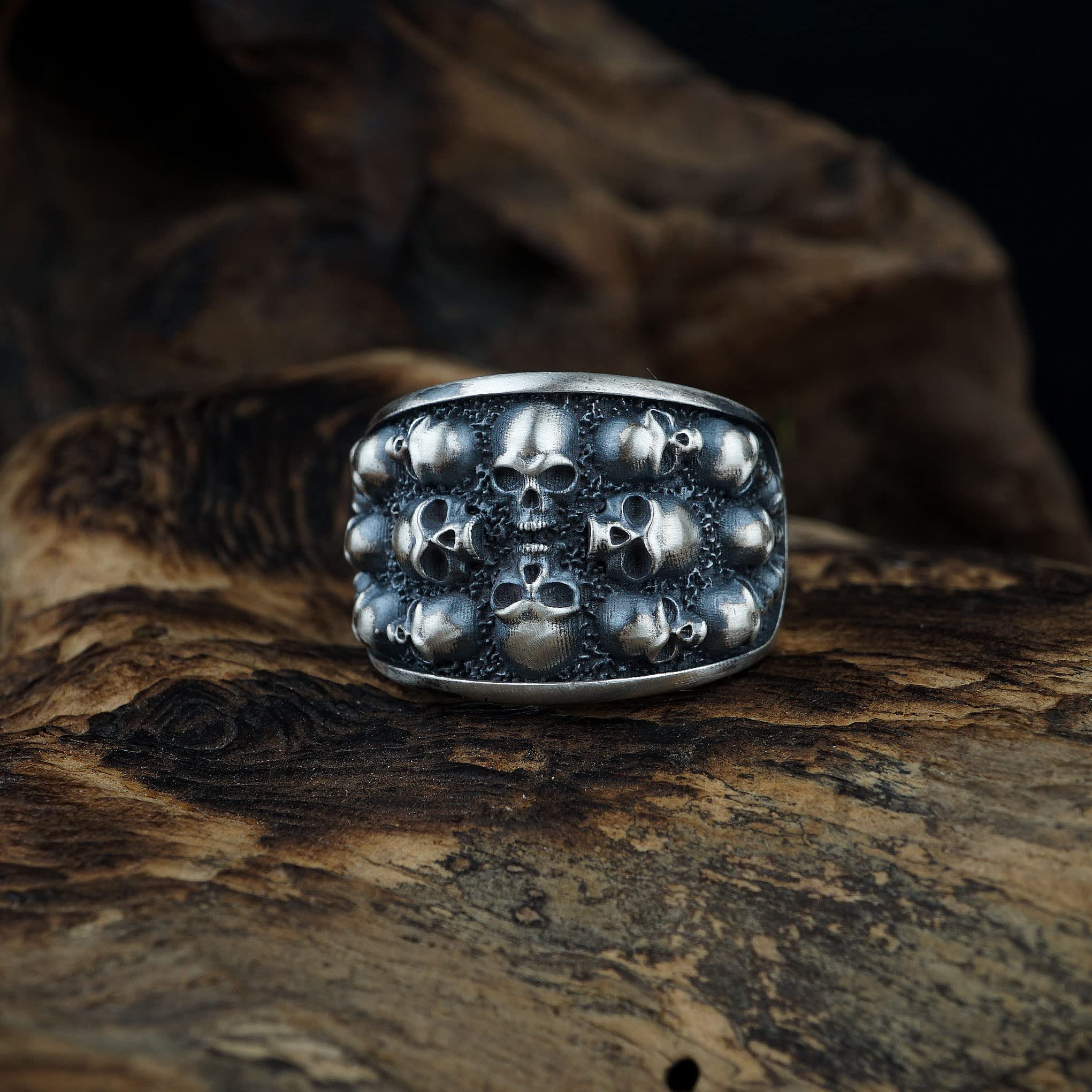 Handmade Sterling Silver Skull Head Ring for Men - Gothic Biker Jewelry, Graveyard Style Band - Perfect for Motorcycle Riders, Rock Music Fans & Halloween Costumes (Size 14)
