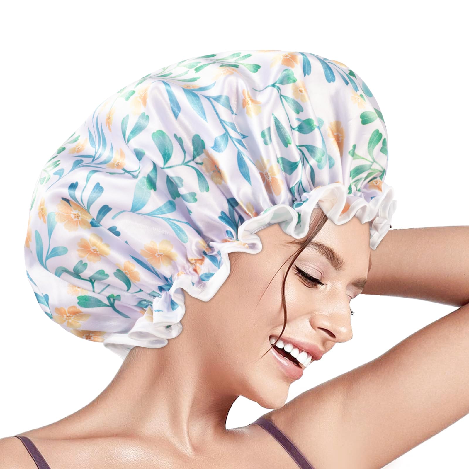 Aquior Reusable Waterproof Shower Cap for Women & Girls - Double Layer EVA Lined Hair Cap for All Hair Lengths (Long/Thick Hair) - Soft Bath Shower Accessories for Swimming, Spa & Travel