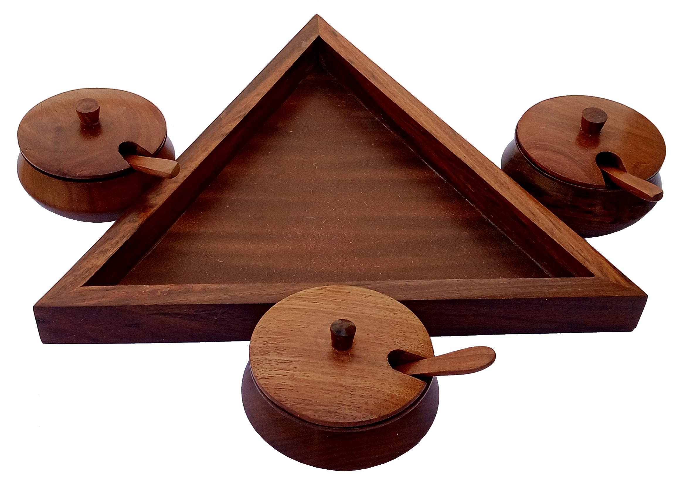 Purpledip Wooden Tray Set with 3 Glass Jars - Perfect for Pickles, Oils, Spices, Nuts & Mints Storage | Elegant Kitchen Countertop Organizer for Home, Restaurant & Gift Giving (12337)
