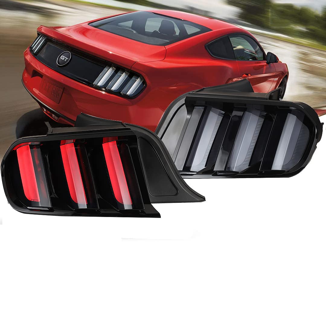 Winjet Euro Style LED Tail Lights Assembly for 2015-2022 Ford Mustang - Sequential Dynamic Turn Signals & Running Lights, Smoke Lens (1 Pair) - Upgrade Your Mustang's Rear Style for Night Driving & Car Shows