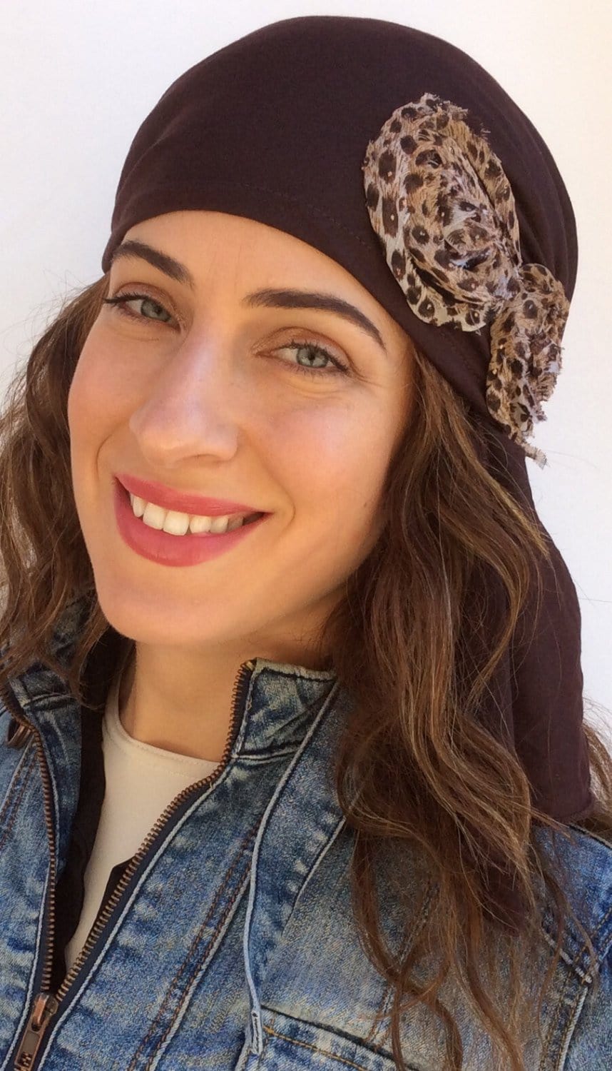 Floral Embroidered Knit Bandana Scarf - Brown Pre-Tied Head Wrap for Women, Fashion Hair Accessory to Conceal Hair & Add Volume | Perfect for Casual Outfits, Beach Days & Boho Style