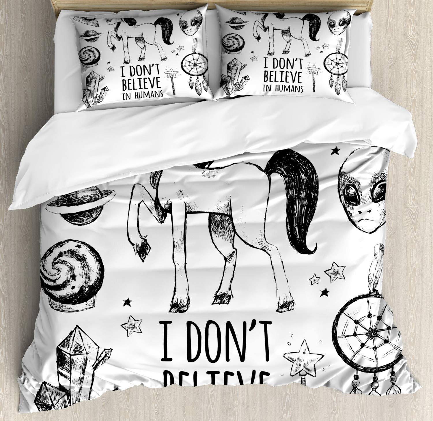 Ambesonne Unicorn Duvet Cover Set - 3 Piece Bedding with 2 Pillow Shams, California King Size, Black - Fantasy Art Print with Pyramids, Aliens & Planets - Perfect for Kids' Rooms, Themed Bedrooms & Unique Home Decor