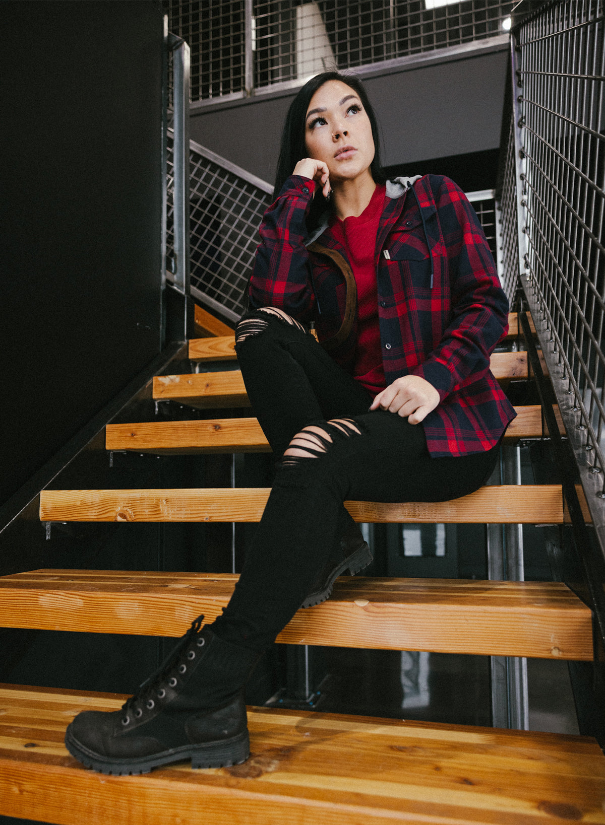 Women's Red Hooded Forever Flannel Shirt - Cozy & Stylish for Fall, Winter & Outdoor Adventures