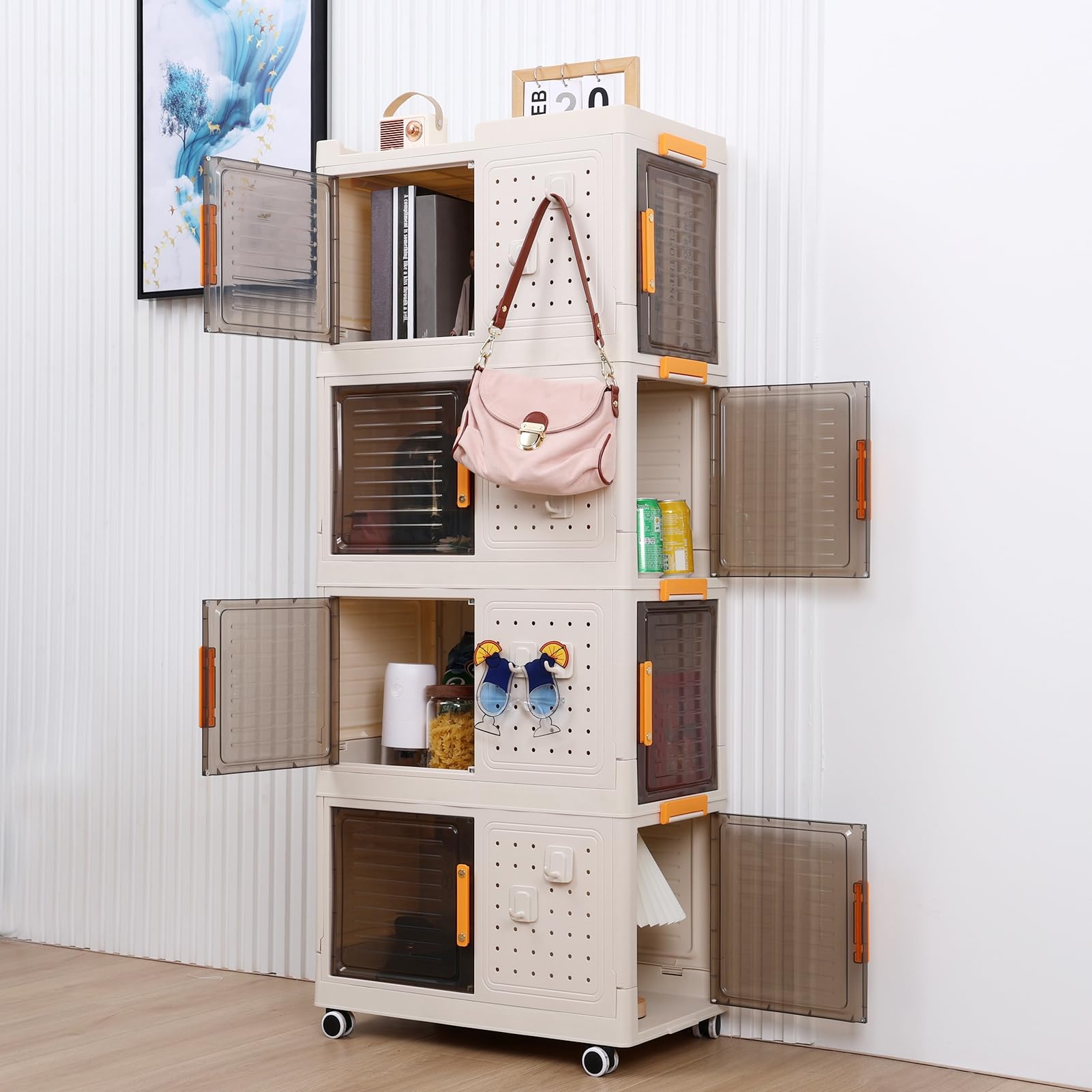 Foldable Storage Bins with Lids - 4-Layer Stackable Collapsible Organizer Box, Wheeled Storage Cabinet & Clear Plastic Closet Organizer for Bedroom, Living Room, Office, Dorm - Perfect for Clothes, Toys, Books & Home Organization