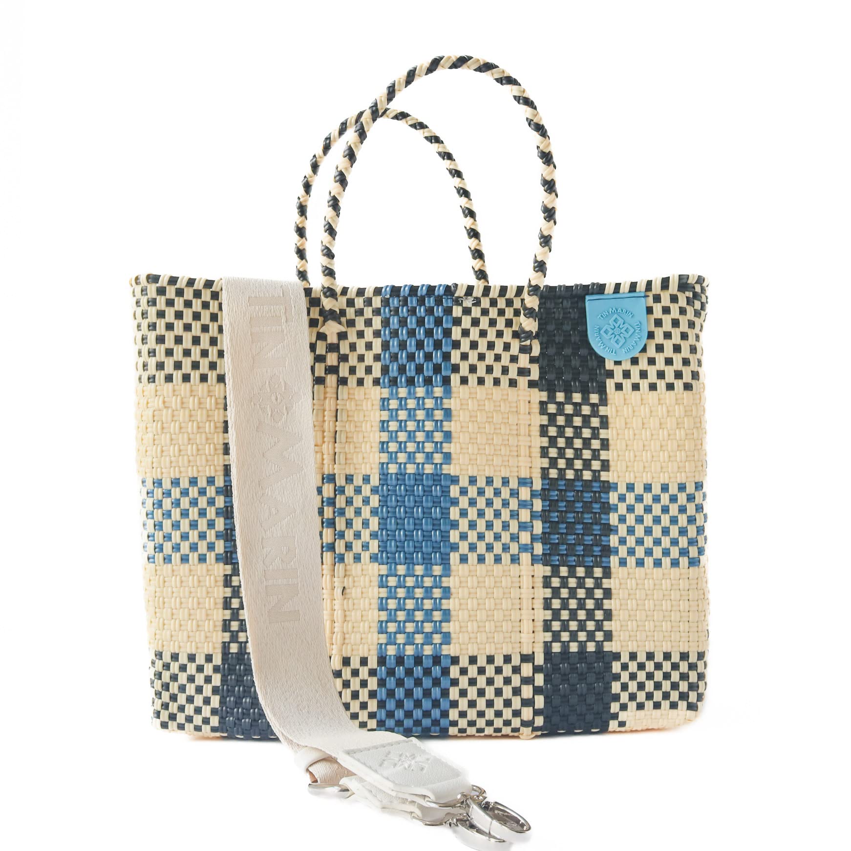 Eco-Friendly Cabo Medium Woven Crossbody Bag with Detachable Mesh Pouch - Beige, Blue & Black Beach Tote | Recycled Plastic Mexican Artisan Purse | Perfect for Vacation, Resort Wear & Summer Travel Accessories