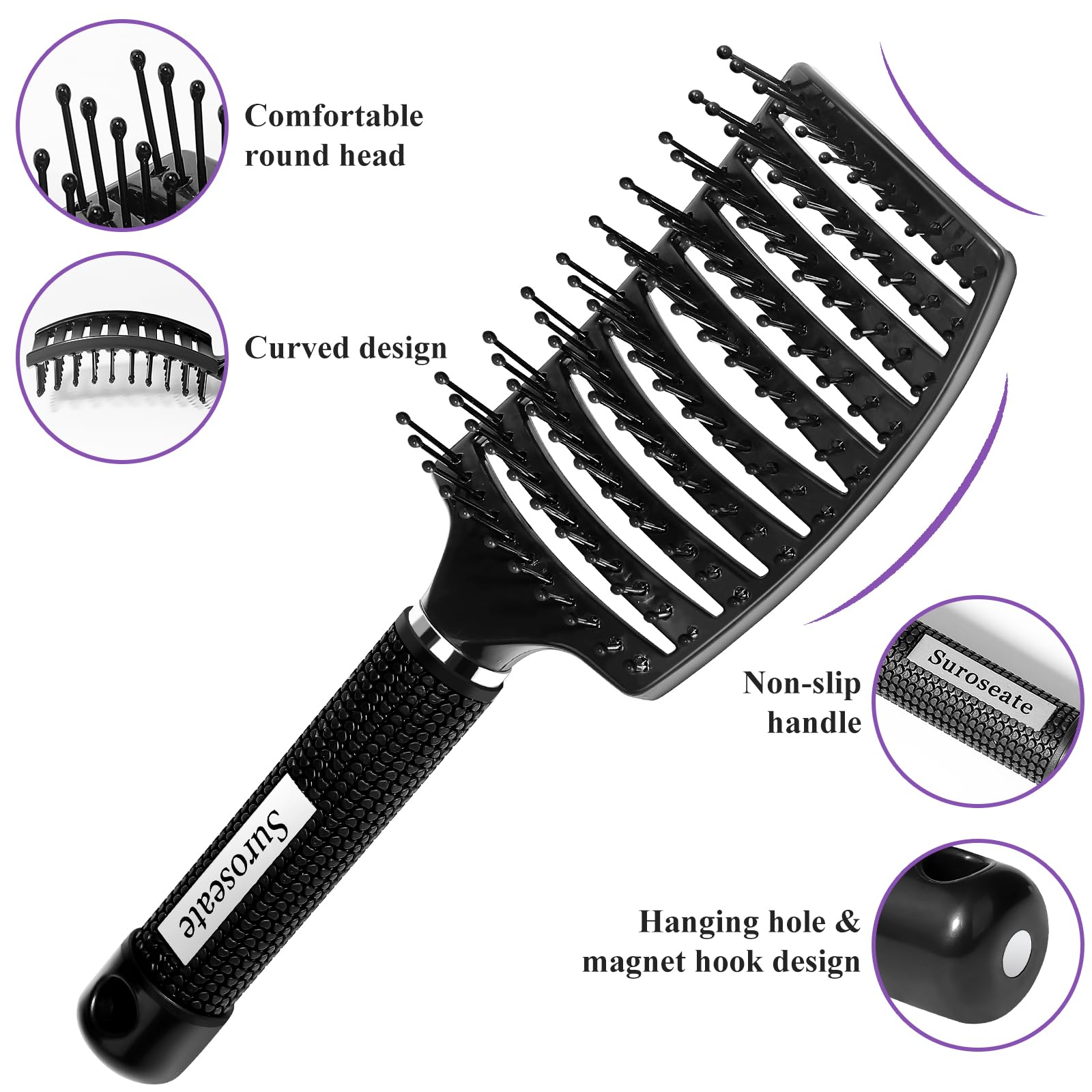 **Detangling Hair Brush for Women, Men & Kids - Curved Vent Brush for Wet & Dry Hair - Faster Blow Drying, Reduces Frizz & Adds Shine - Perfect for Curly, Straight, Thick or Thin Hair (Black) - Ideal for Home, Travel & Salon Use**