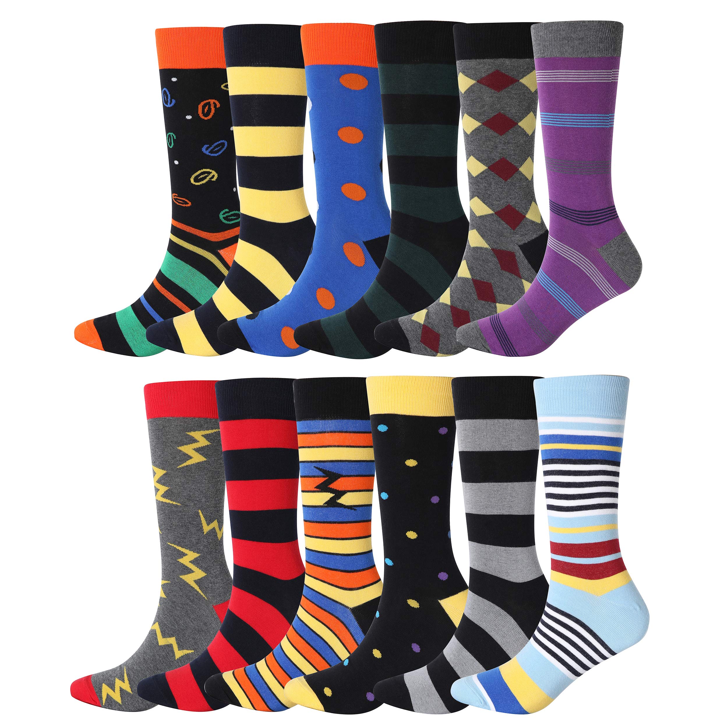 YEJIMONG Men's Cotton Striped Casual Dress Socks - Fun Colorful & Funky Design, 8/12 Pairs, Size 9-12 for Work, Party & Everyday Wear