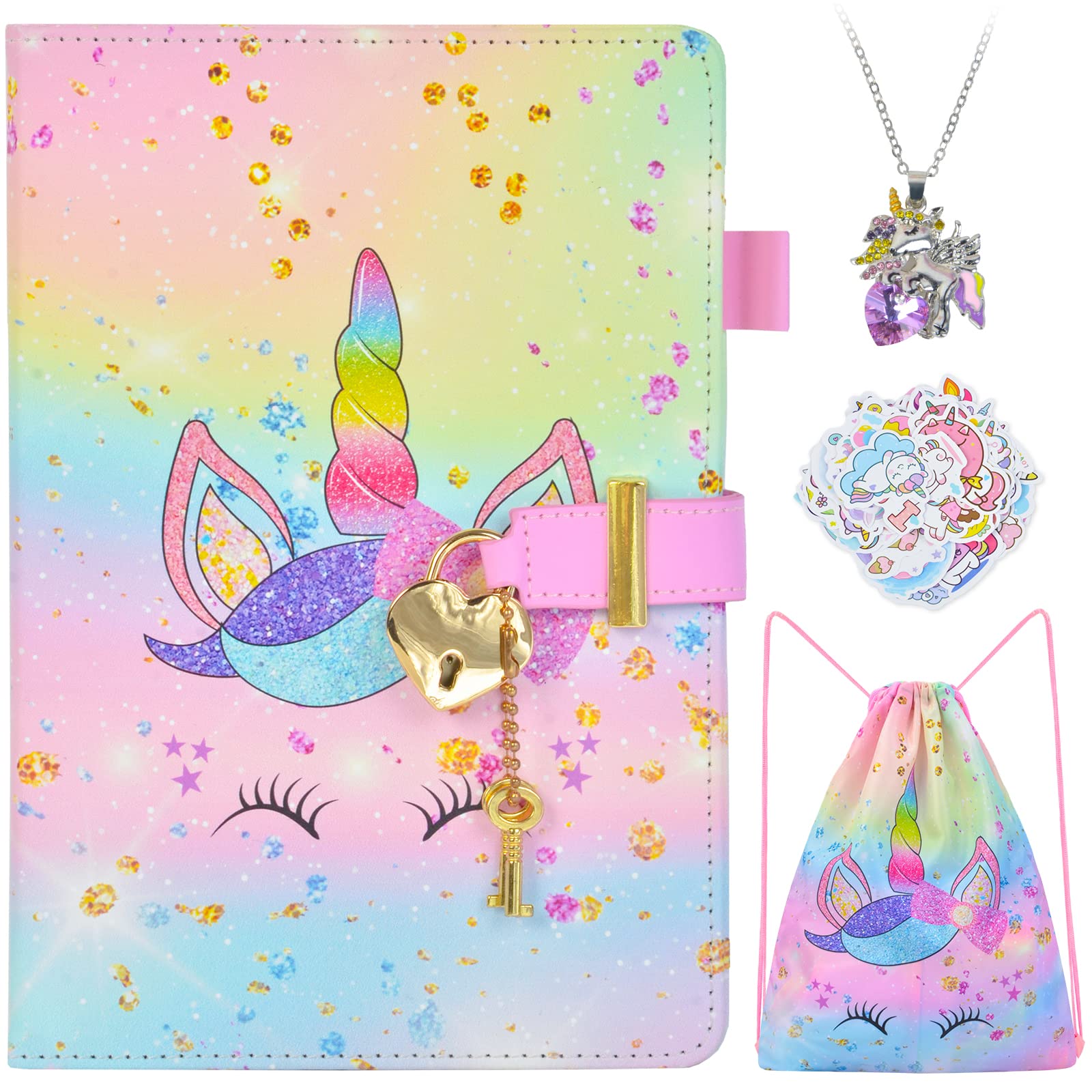 Girls Unicorn Diary with Lock & Key Set - Journal Notebook, Drawstring Bag, Stickers & Necklace - Perfect for Birthday Gifts, Secret Keeping & Creative Writing | Cute Unicorn Theme for Kids & Teens