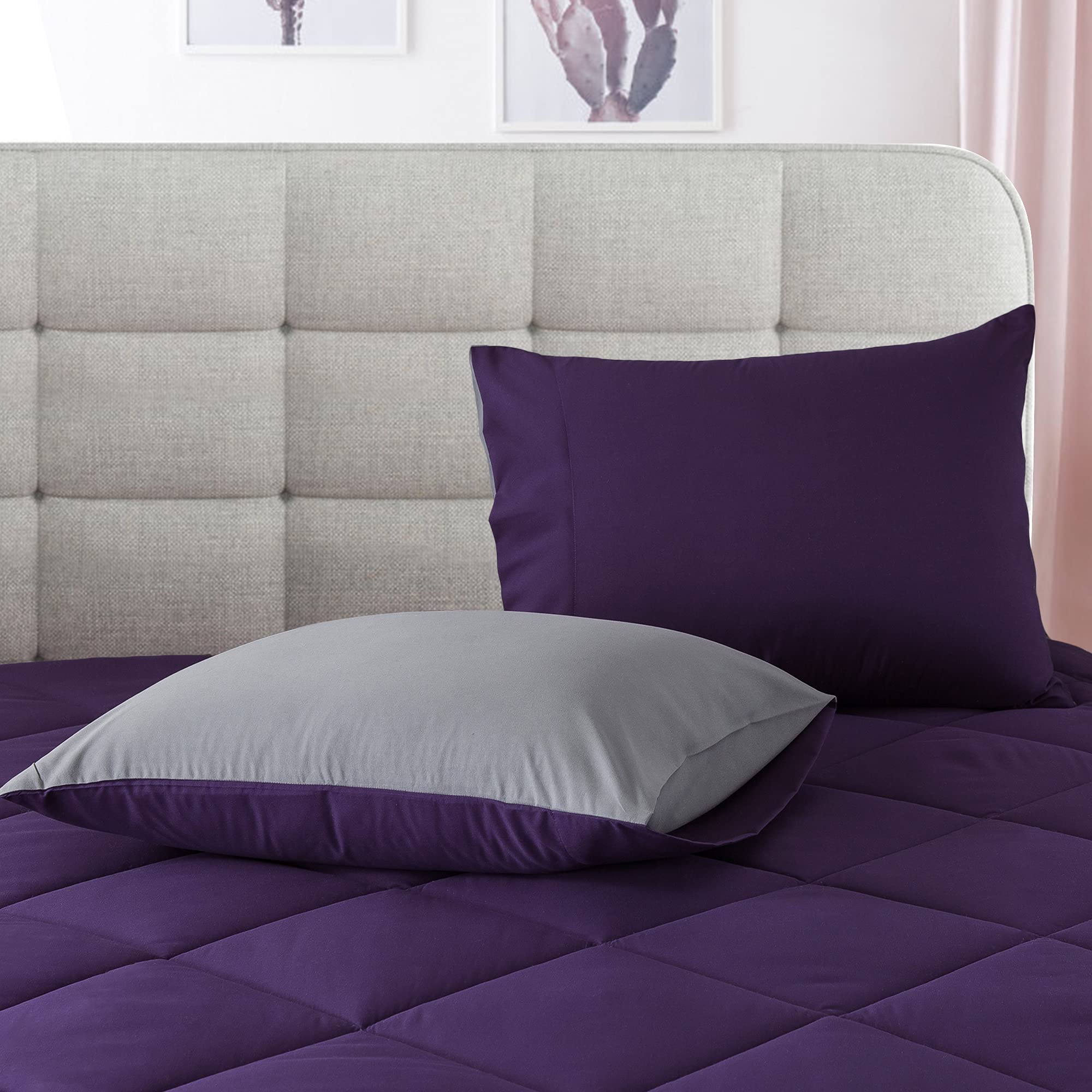 ELNIDO QUEEN® 2-Piece Twin/Twin XL Comforter Set - Reversible Purple & Grey Down Alternative Duvet Insert with Pillow Sham | Soft Lightweight Bedding for All Seasons | Perfect for Kids Rooms, Guest Beds & Dorm Decor (64x88 Inches)