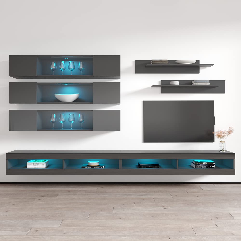 Modern Gray Floating TV Stand with Storage & LED Lights - Wall-Mounted Entertainment Center for Bedroom & Living Room - Space-Saving TV Console with Shelves for Gaming & Home Theater Setup