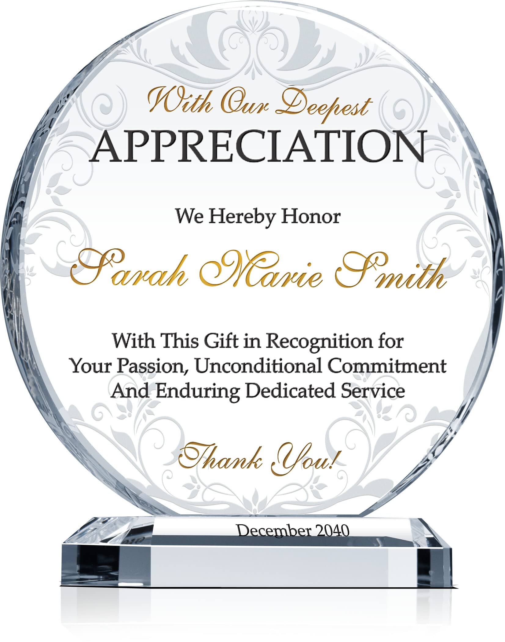 Personalized Crystal Appreciation Award Plaque - Custom Engraved with Name & Date - Unique Thank You Gift for Employees, Staff, Board Members, Doctors, Nurses (6.5
