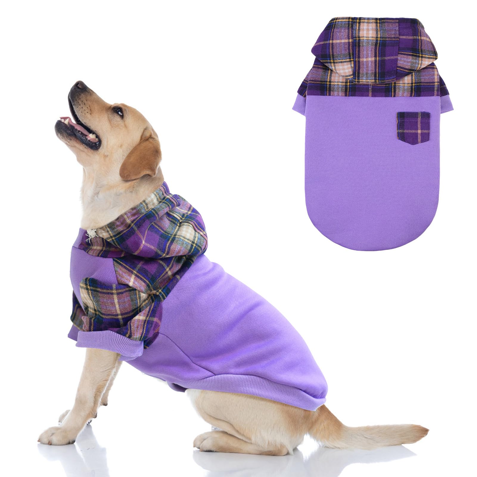 Plaid Dog Hoodie for Small, Medium & Large Dogs - Warm Fleece Sweatshirt with Hat & Leash Hole | Soft Pullover Dog Sweater for Puppies, Bulldogs & All Breeds (XS, S, M, L) | Perfect for Winter Walks, Outdoor Adventures & Photo Shoots