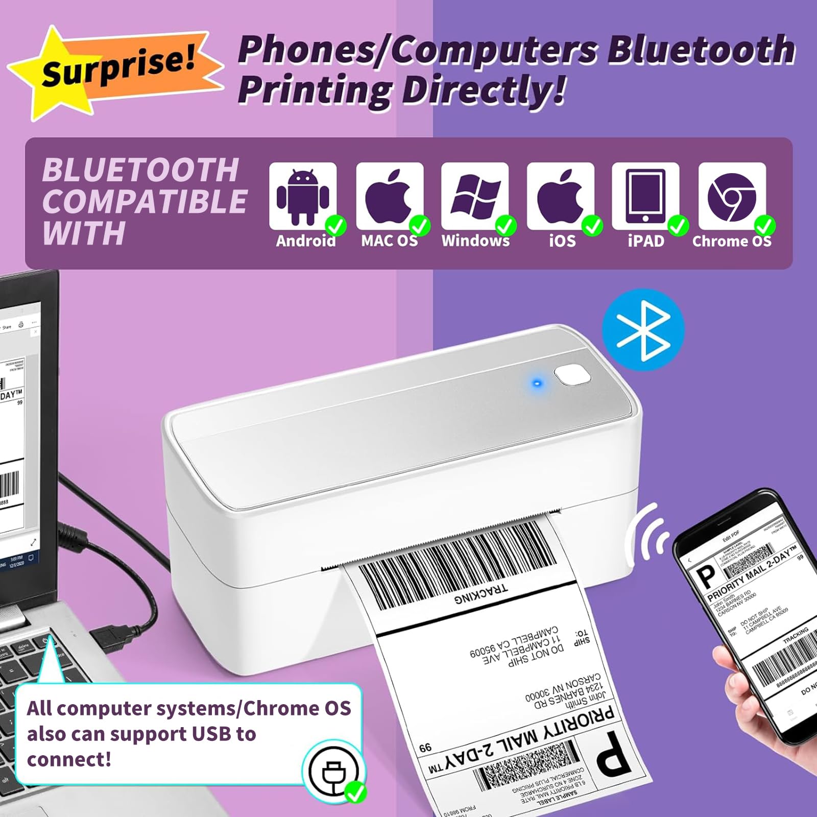 ASprink Purple Bluetooth Shipping Label Printer for 4