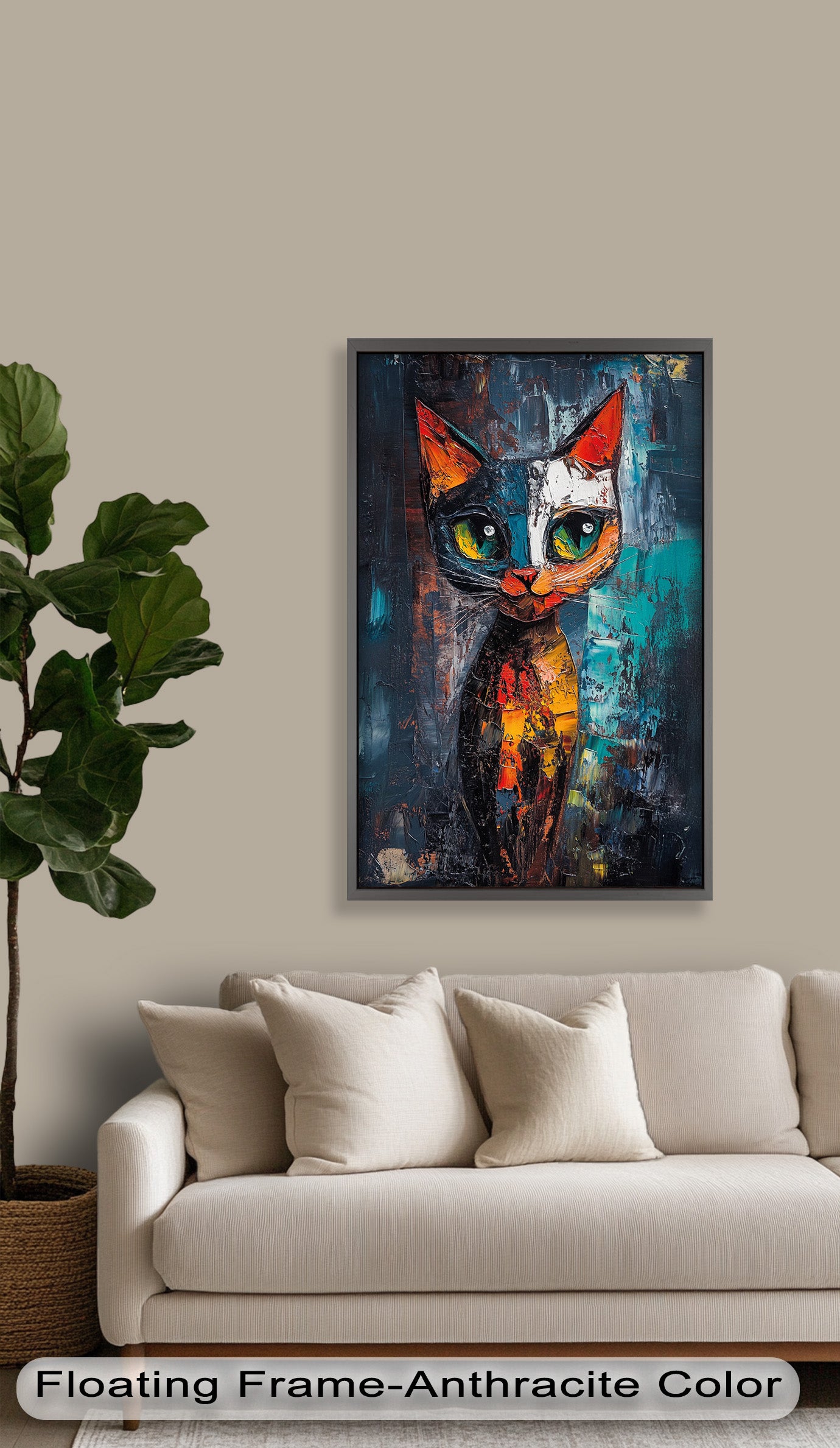 Abstract Cat Portrait with Neon Hues - Vibrant Animal Oil Painting Wall Art for Living Room, Bedroom & Office Decor