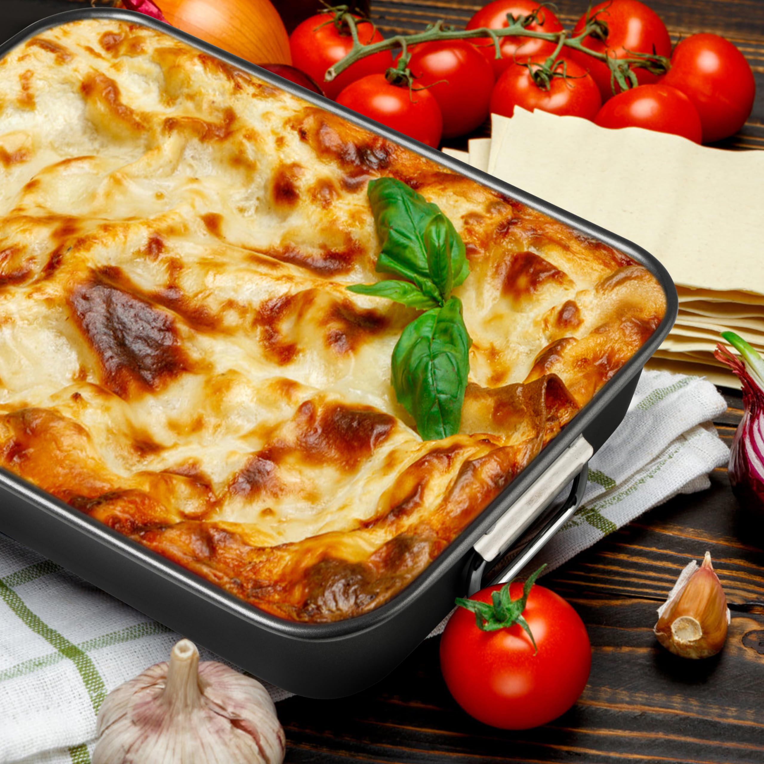15x10x3 Inch Nonstick Lasagna Pan - Heavy Duty Rectangular Baking Dish for Oven, Brownies & Cakes - Roasting Pan with Handles for Easy Cooking & Serving - Perfect for Family Dinners, Holiday Meals & Party Desserts
