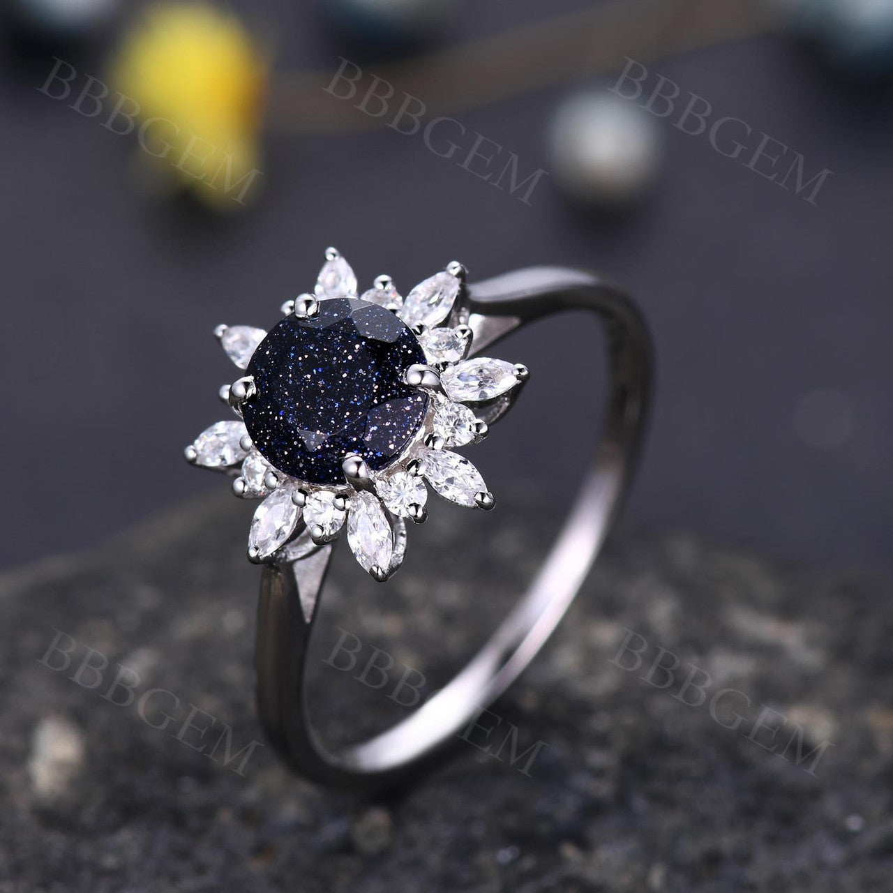 6.5mm Round Cut Blue Sandstone Engagement Ring - White Gold Marquise Moissanite Halo Ring for Women | Wedding, Proposal, Anniversary Gift Idea