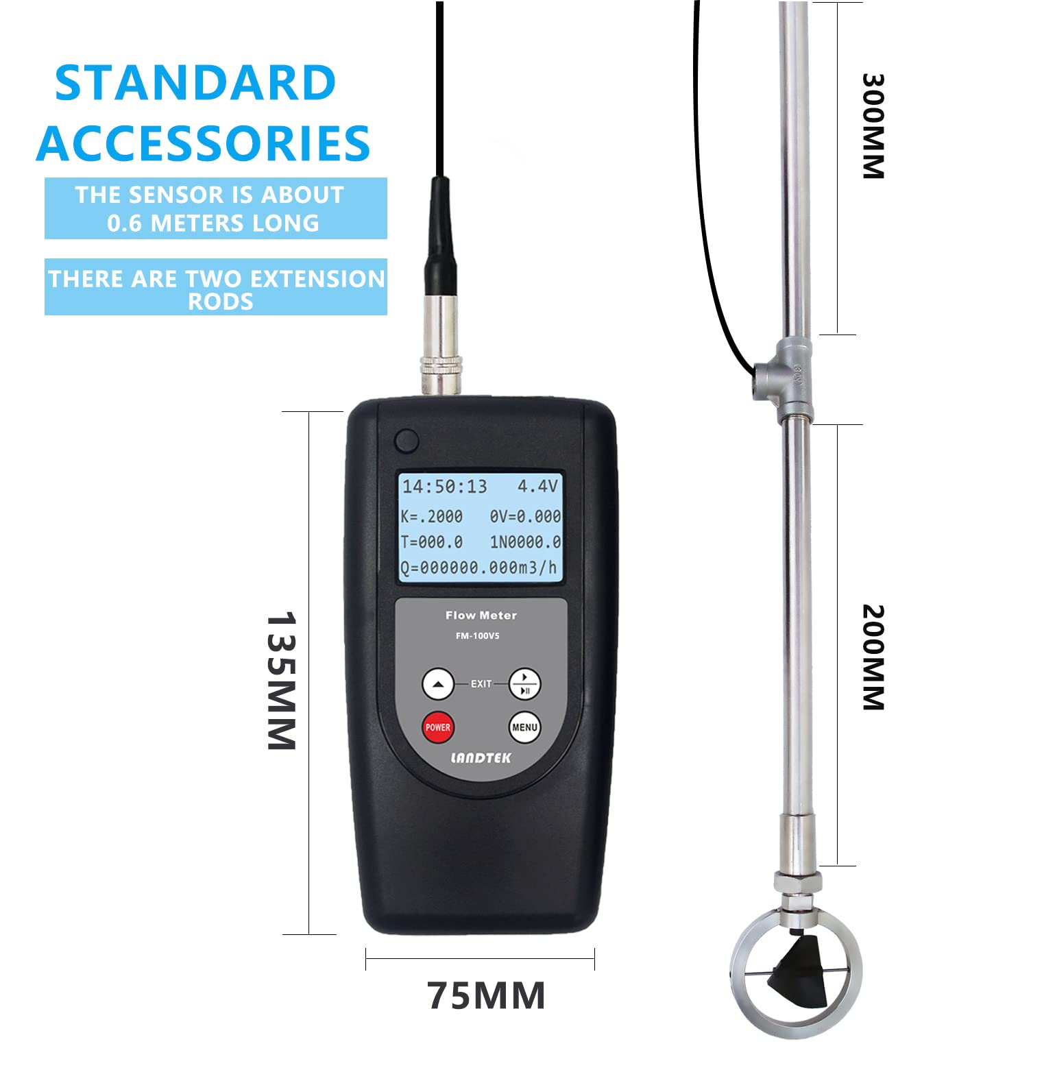 FM-100V5 Digital Water Flow Meter - Open Channel Flow Velocity Sensor with 0.01-5.00 m/s Measurement Range | Accurate Water Flow Rate Monitoring for Irrigation, Hydrological Studies & Industrial Applications