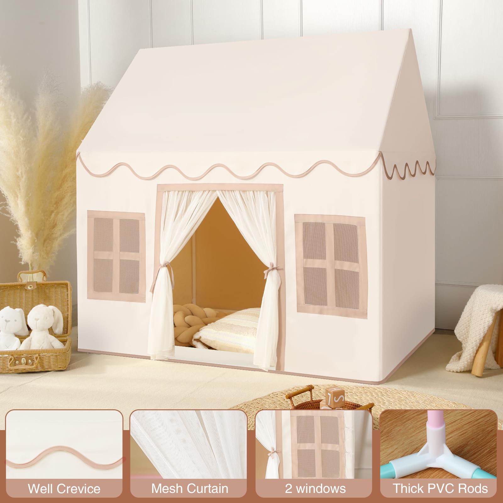 Kids Play Tent Indoor with Mat, Tassel Garland & Star Lights - Foldable Playhouse for Toddlers & Children | Perfect for Boys & Girls Birthday Gifts, Bedroom Decor, Reading Nook & Imaginative Play
