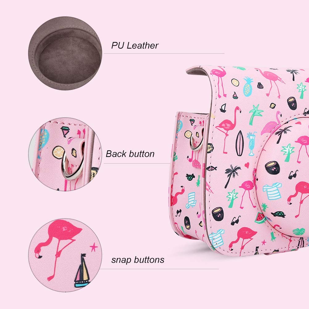 ANGGREK Flamingo Pattern PU Leather Camera Case Bag with Strap - Protective Pouch for Fujifilm Mini 8/8+/9/9+ & Instant Cameras - Perfect for Travel, Parties & Everyday Photography