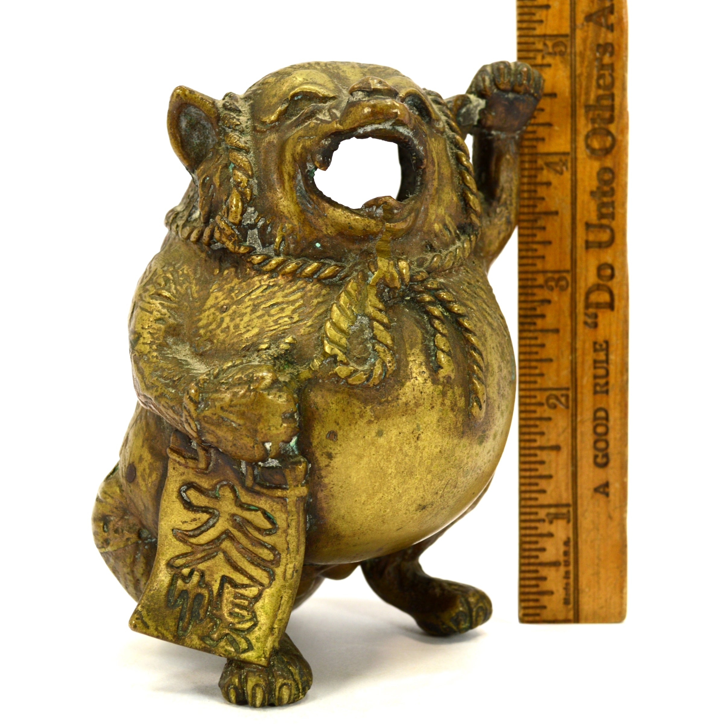 Antique Japanese Tanuki Figural Brass Incense Burner - Raccoon Dog Statue (Missing Lid) - Perfect for Home Decor, Zen Meditation & Asian-Inspired Gifts