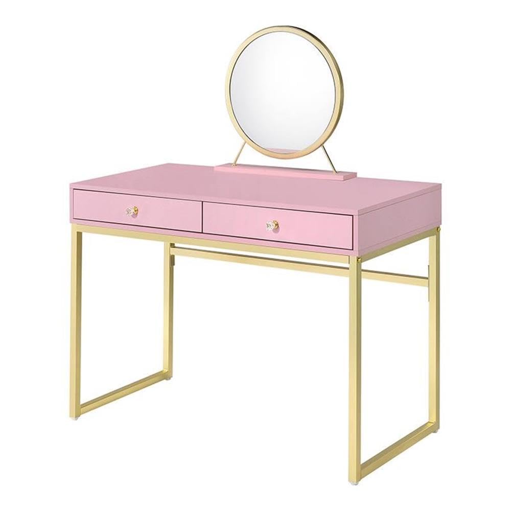 Acme Coleen 2-Drawer Wooden Vanity Desk with Jewelry Tray - Pink & Gold Finish | Perfect for Bedroom Makeup Organization & Jewelry Storage