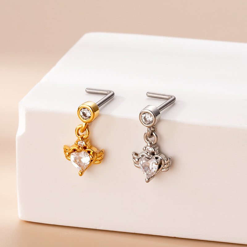 20G Gold Heart Dangle Nose Studs - Hypoallergenic Surgical Steel Nose Ring Jewelry for Women | Perfect for Parties, Date Nights & Everyday Wear (HSPJ766)