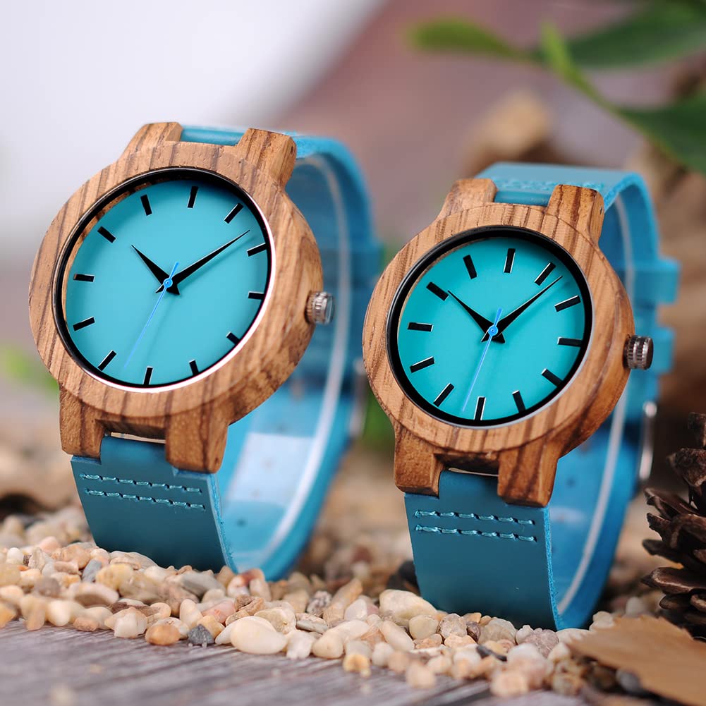 BOBO BIRD Bamboo Wooden Watch for Men & Women - Blue Cowhide Leather Strap, Casual Fashion Timepiece with Gift Box | Perfect for Everyday Wear, Anniversary Gifts & Eco-Friendly Lifestyle