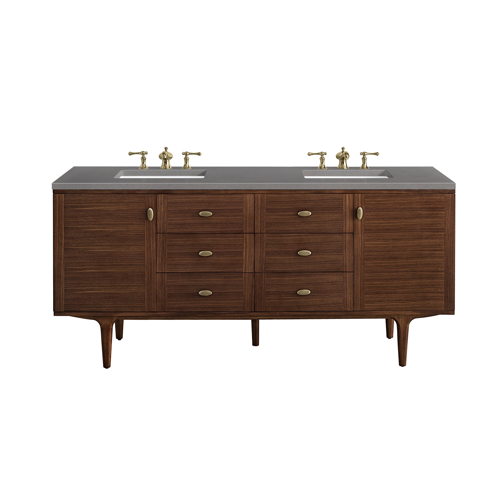 Amberly 72 Inch Double Vanity with 3CM Grey Expo Top - Mid Century Modern Walnut Bathroom Vanity for Master Bath & Guest Bathroom
