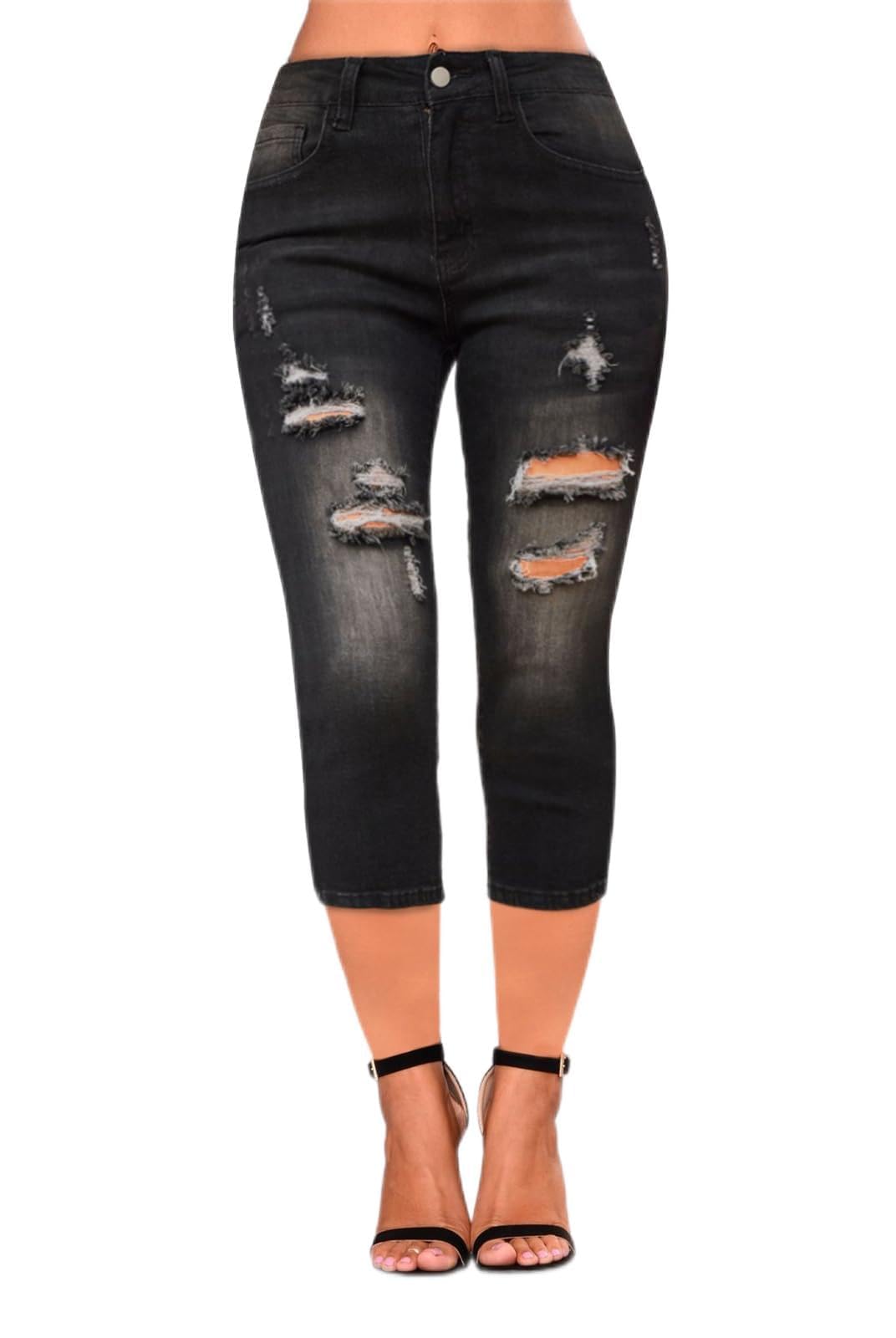 BWQ Women's Ripped Capri Jeans - Skinny Stretch Destroyed Slim Fit Denim Pants for Casual Wear & Summer Outfits