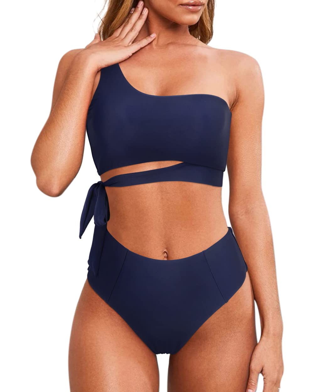 MOOSLOVER Women's Sexy One Shoulder High Waisted Bikini Set - Tie Side High Cut Two Piece Swimwear for Beach, Pool Party & Summer Vacation