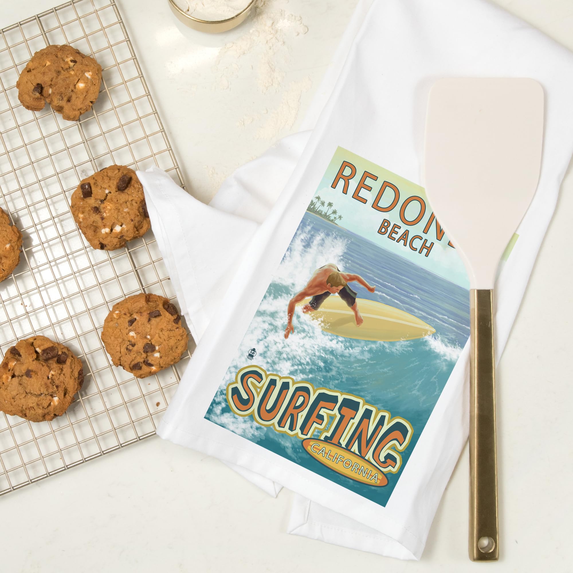 Lantern Press Redondo Beach California Surfer Tropical Tea Towel - 100% Cotton Decorative Hand Towel for Kitchen & Home - Perfect for Beach House Decor, Coastal Kitchen Accessories & Surfing Enthusiasts