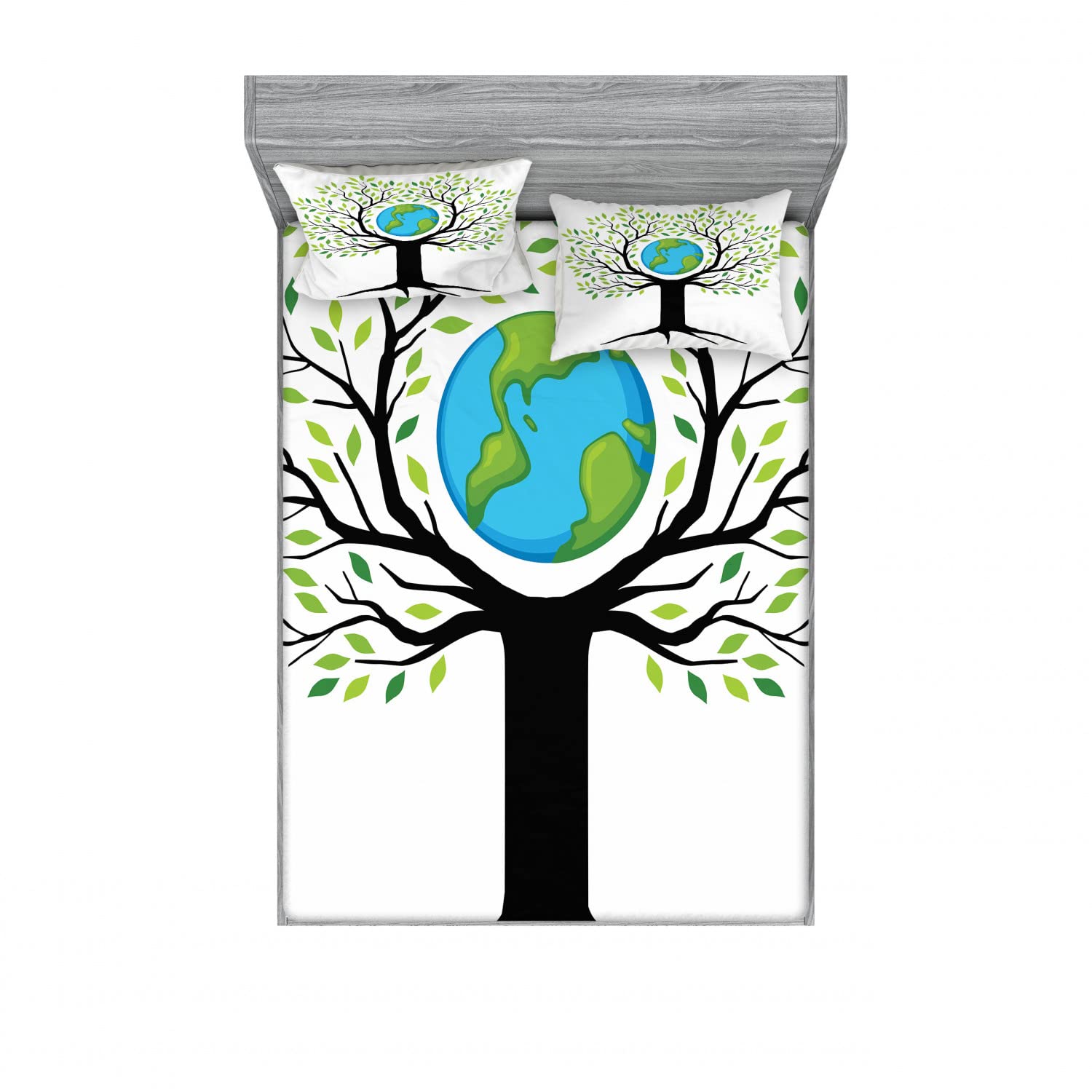Ambesonne 2-Pack Tree Print Full Size Fitted Sheets & Pillow Sham Set - Eco-Friendly Green Earth Design with Black & Blue Accents - 4 Piece Bedding Decor (2 Fitted Sheets + 4 Pillow Covers) - Perfect for Nature-Themed Bedrooms, Guest Rooms & Eco-Conscious Homes