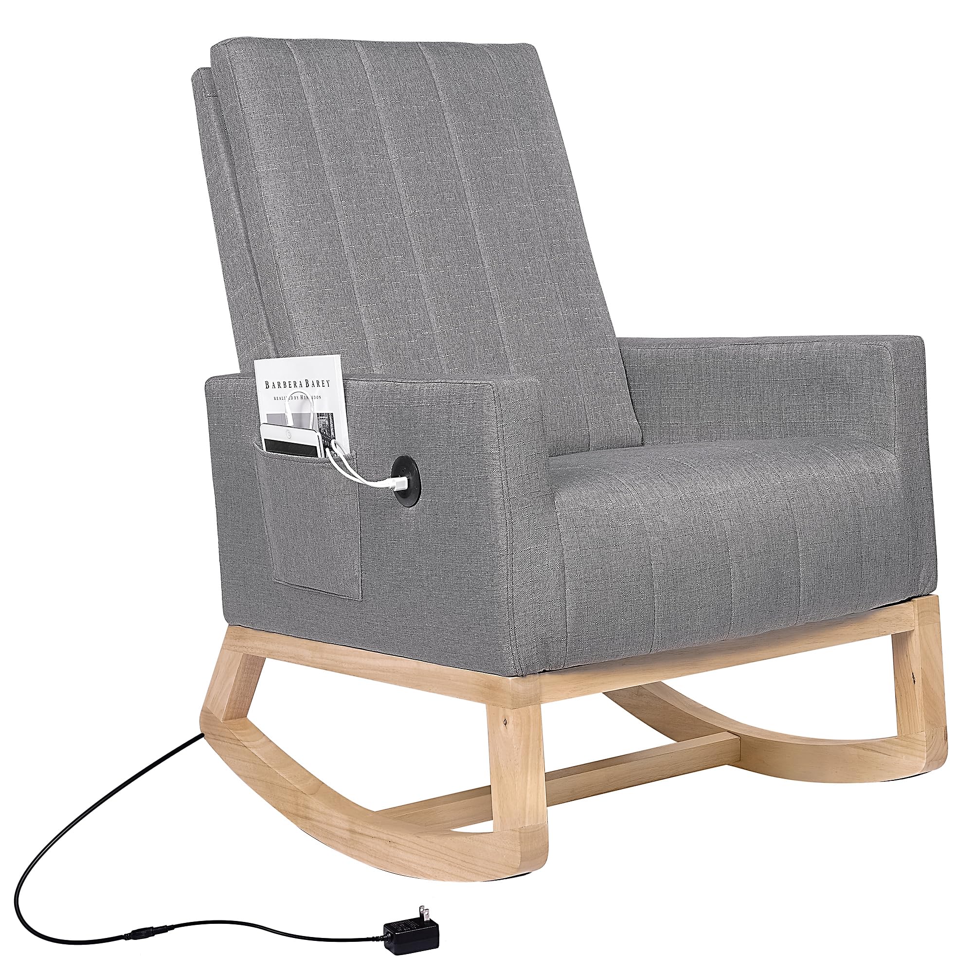 VECELO Modern Upholstered Nursery Rocking Chair with Padded Seat, High Backrest, USB Port & Side Pocket - Comfortable Glider Rocker for Living Room, Bedroom, Nursery, Office & Balcony Relaxation