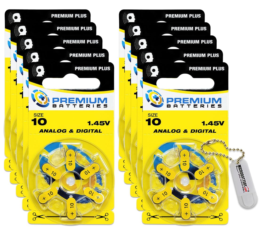 Size 10 1.45V Zinc Air Hearing Aid Batteries (60 Pack) with Convenient Keychain Battery Holder - Long Lasting Power for Hearing Devices, Perfect for Travel & Daily Use