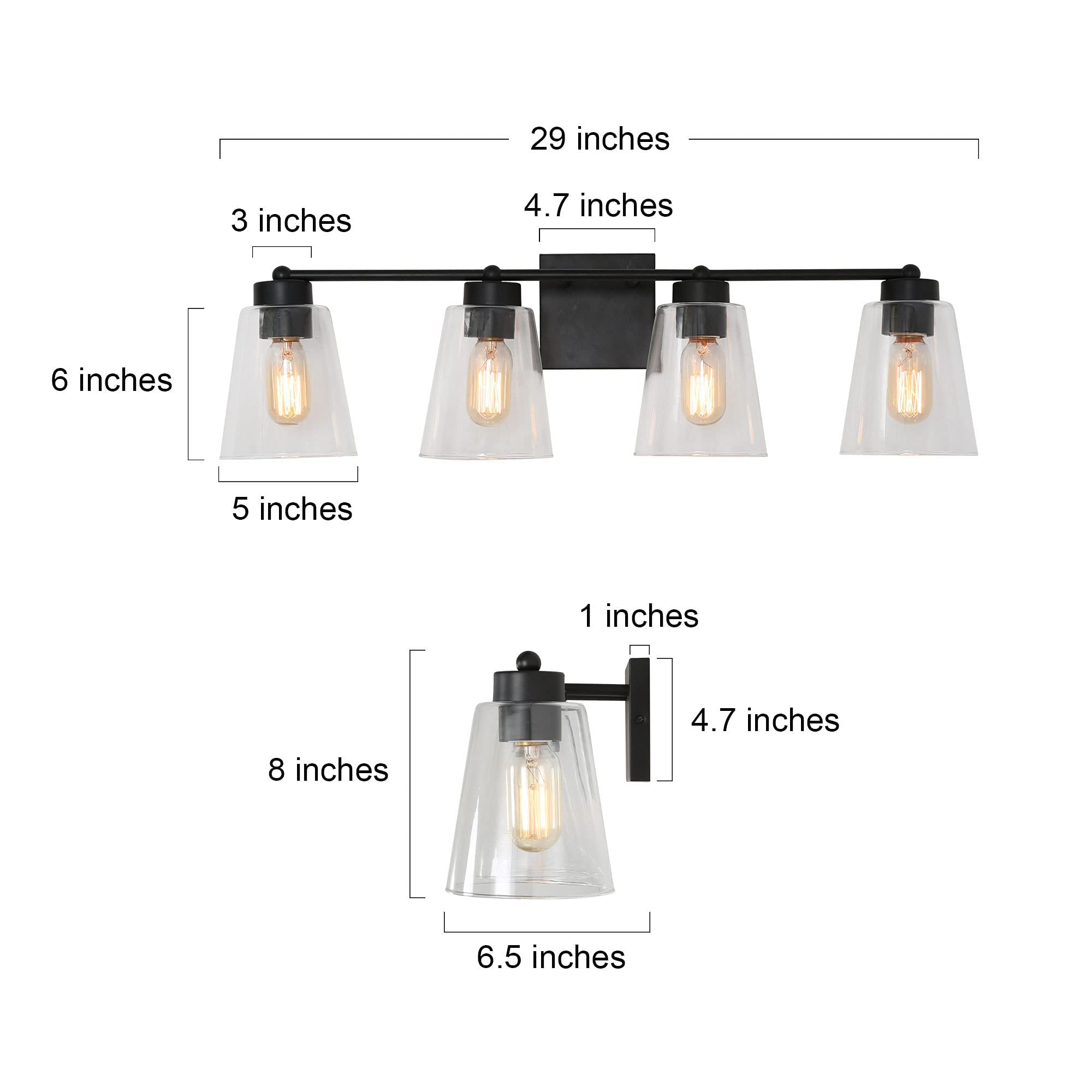 4-Light Black Farmhouse Bathroom Vanity Light Fixture - Extra Large Rustic Bathroom Lighting with Clear Glass Shade (29’’L × 6.5’’W × 8’’H) - Perfect for Modern Farmhouse, Rustic & Vintage Style Bathrooms
