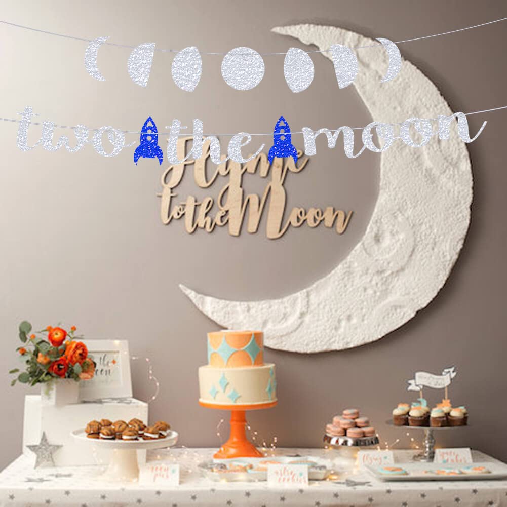 Two the Moon Birthday Decorations - Silver Glitter Party Banner for Outer Space, Galaxy, Astronaut & Space Man Theme | Perfect for Baby Boy's 2nd Birthday Party, Robot UFO Themed Celebrations & Cosmic Nursery Decor