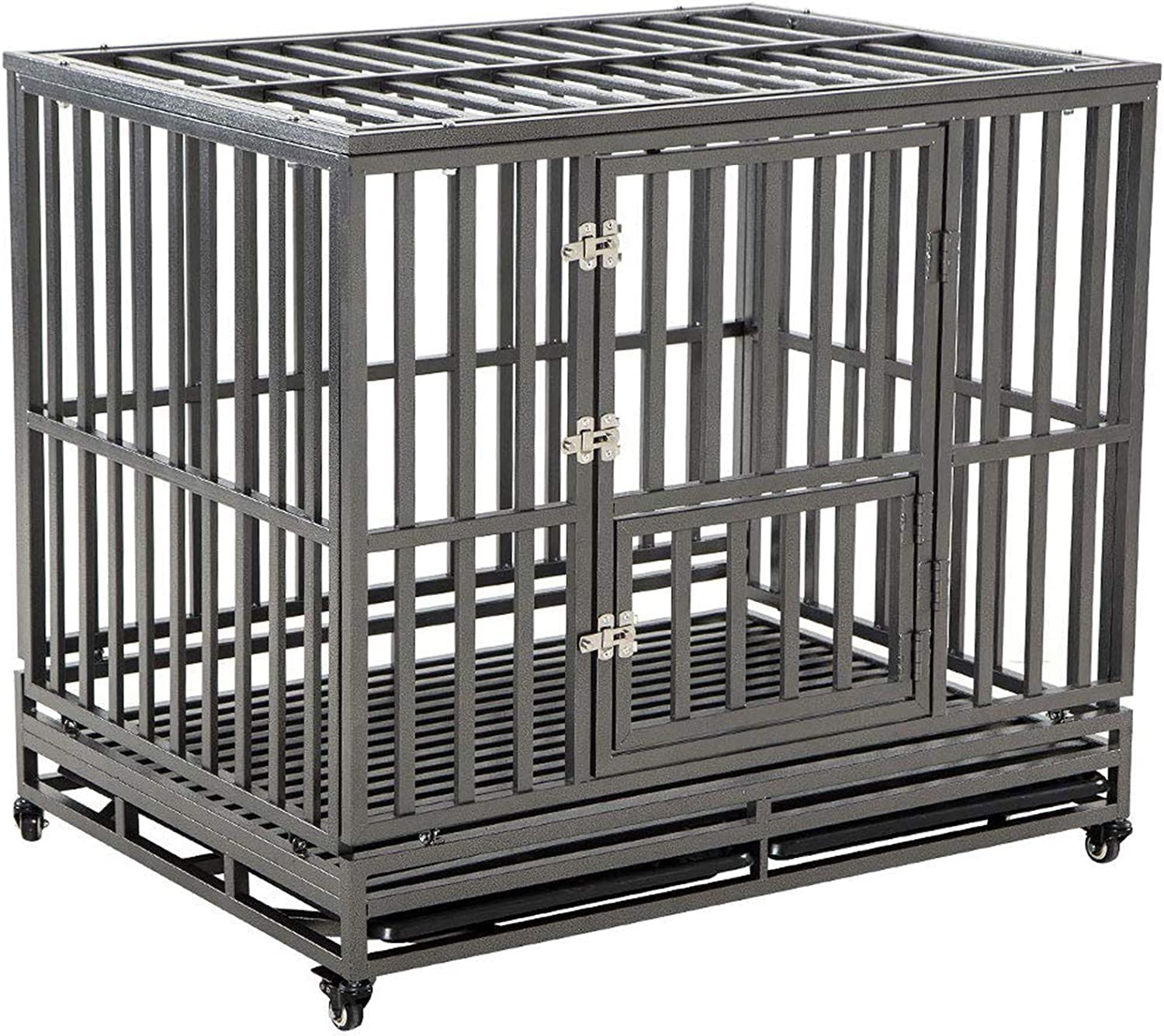 SMONTER 46 Inch Heavy Duty Metal Dog Crate - Large Pet Kennel with Wheels, I-Shape Design, Black - Perfect for Home, Travel & Outdoor Use
