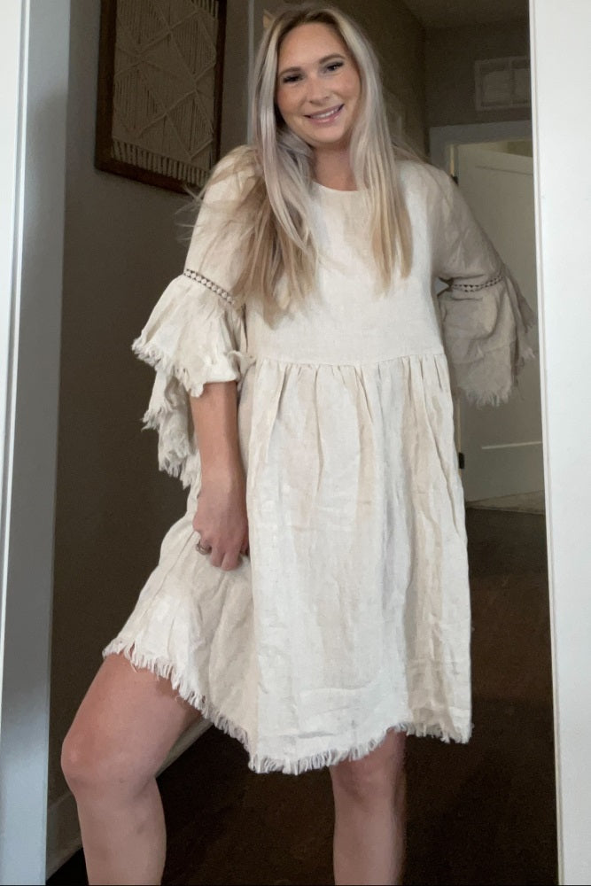 Beige Raw Edge Bell Sleeve Babydoll Dress for Women - Boho Chic Lace Trim Mini Dress - Perfect for Summer, Beach, Music Festivals & Date Nights
