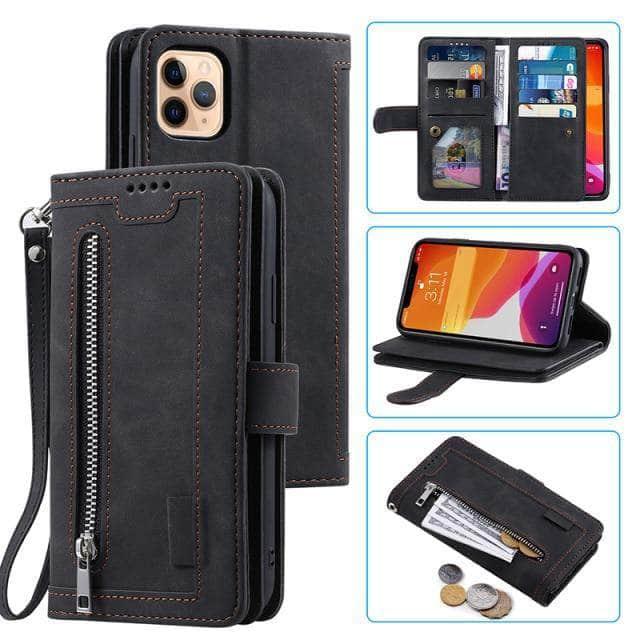 Premium 9 Cards Zipper Flip Leather Case for iPhone 13 Pro Max - RFID Blocking Wallet Phone Cover for Daily Use, Travel & Business